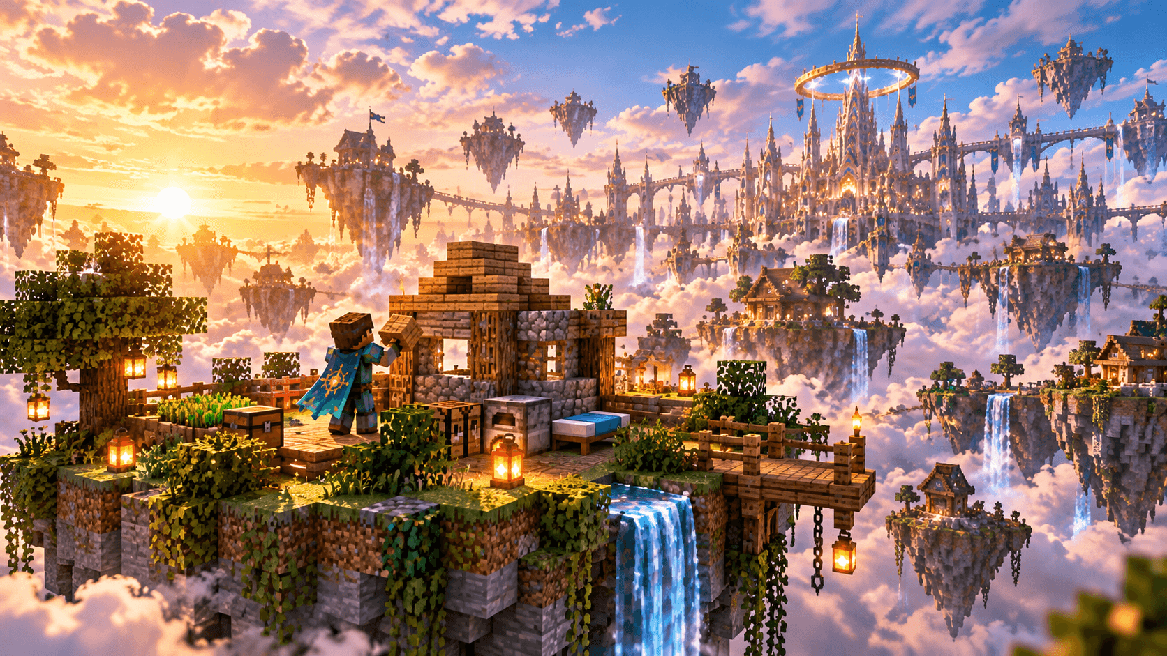 Building a home on a floating SkyIsland while a neighbor waves from a nearby island