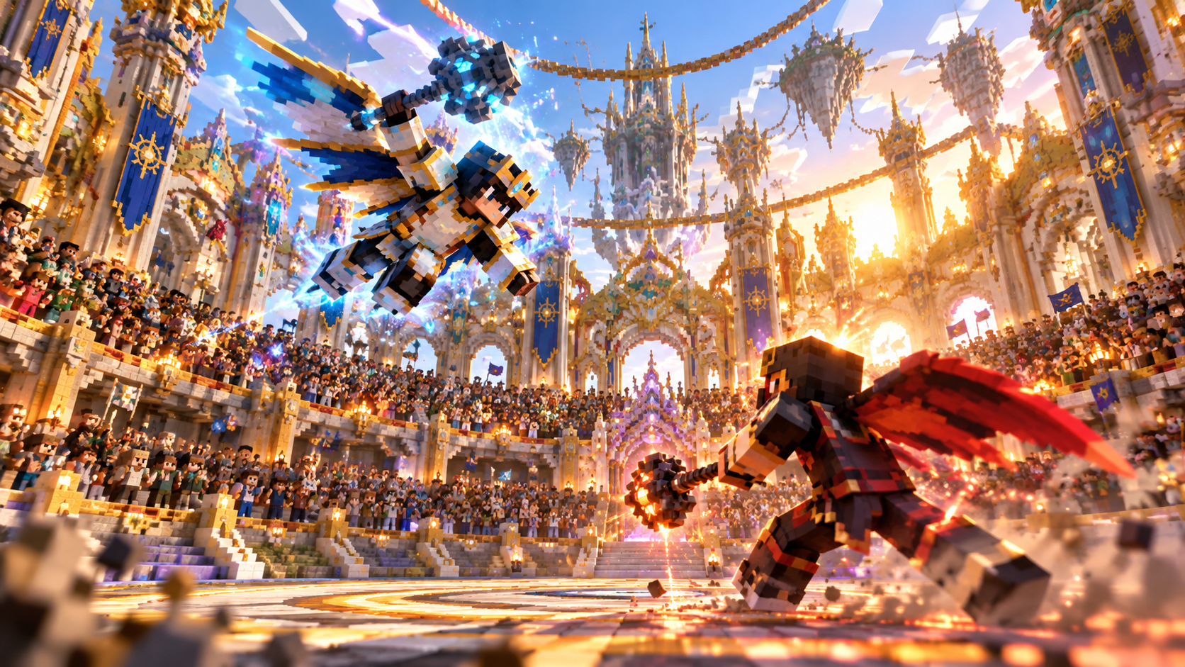 Two armored warriors clashing with maces in SkyArena combat