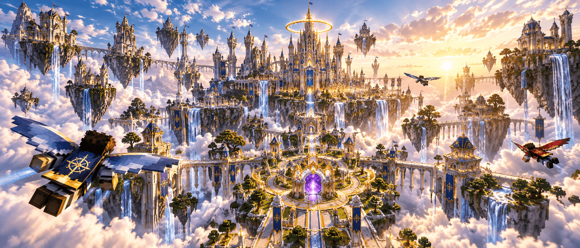 Skyworld panorama with SkyCity and explorers above the clouds